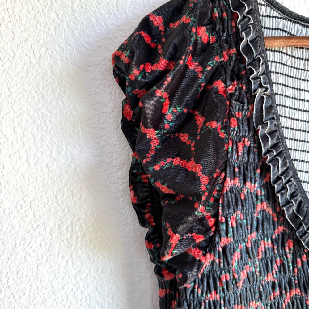 NWT Free People Womens Dress Black Red McKenna Smocked Floral Midi Size Large - Picture 6 of 11